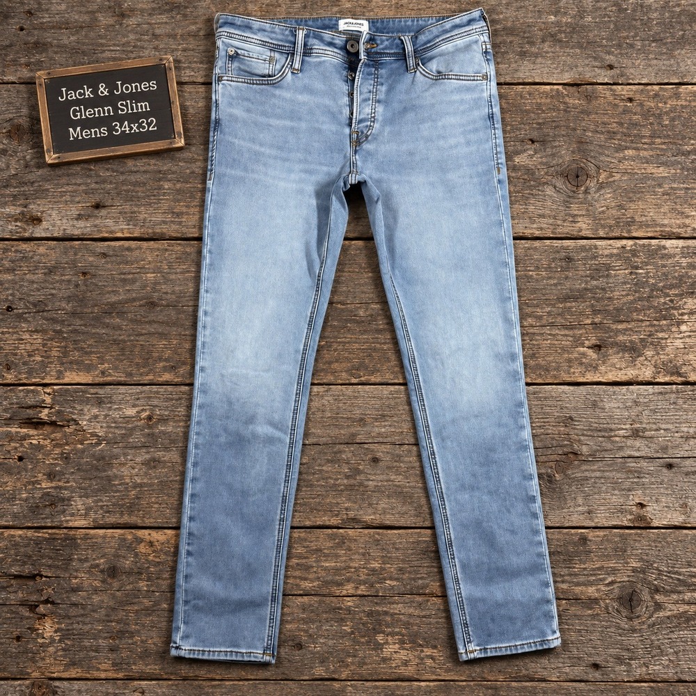 Jack & Jones Glenn Slim Indigo Knit Mens 34x32 Light Wash Sweatpant Jeans Blue